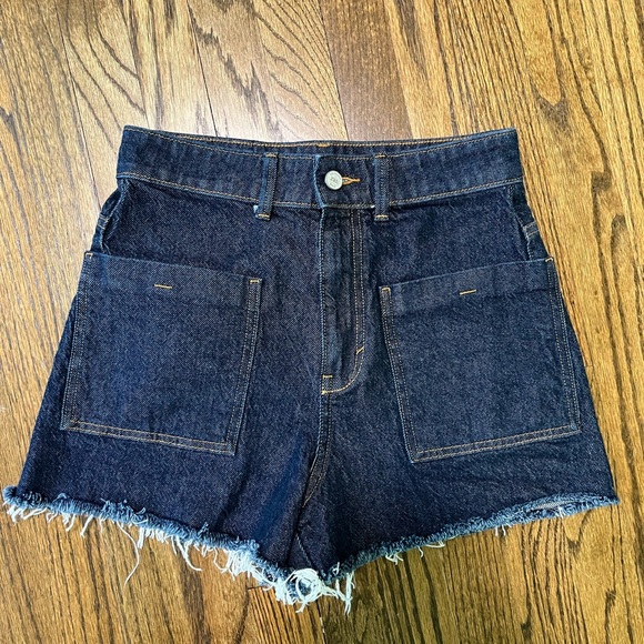 Zara Pants - ZARA High Rise Frayed Raw Hem Dark Wash Denim Jean Shorts Carpenter Pockets - 6